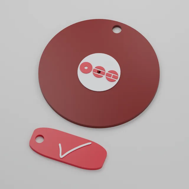 Render 3D — Chaveiro BTS Disco Tag — perspectiva