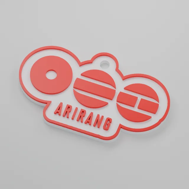 Render 3D — Chaveiro Arirang logo BTS — perspectiva