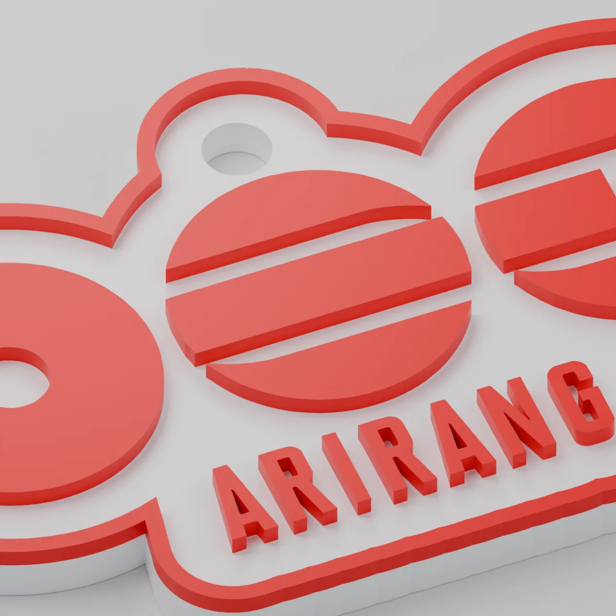 Render 3D — Chaveiro Arirang logo BTS — detalhe