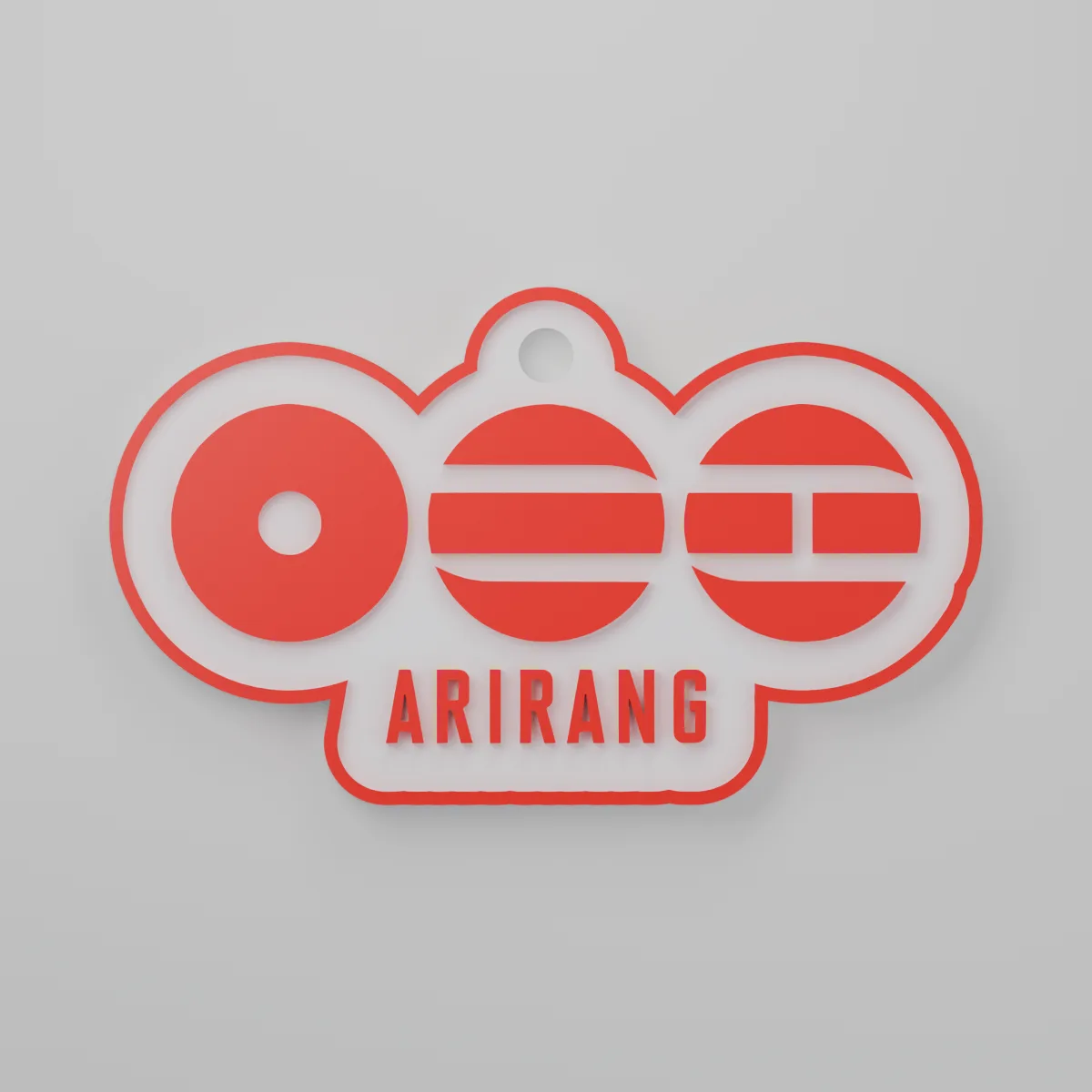 Render 3D — Chaveiro Arirang logo BTS — frente